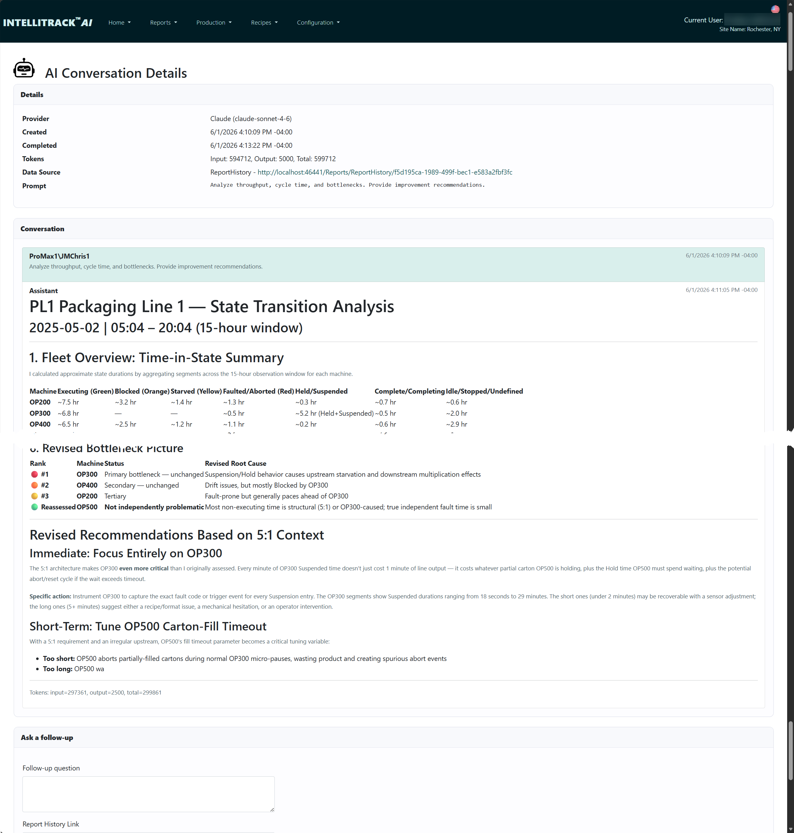 IntelliTrack AI conversation with a report-history source and throughput analysis